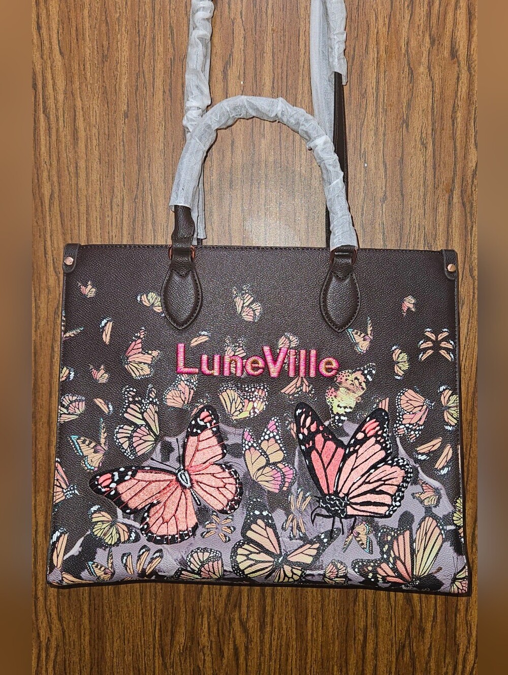 Brown Butterfly Print Tote Bag in Pink Accents